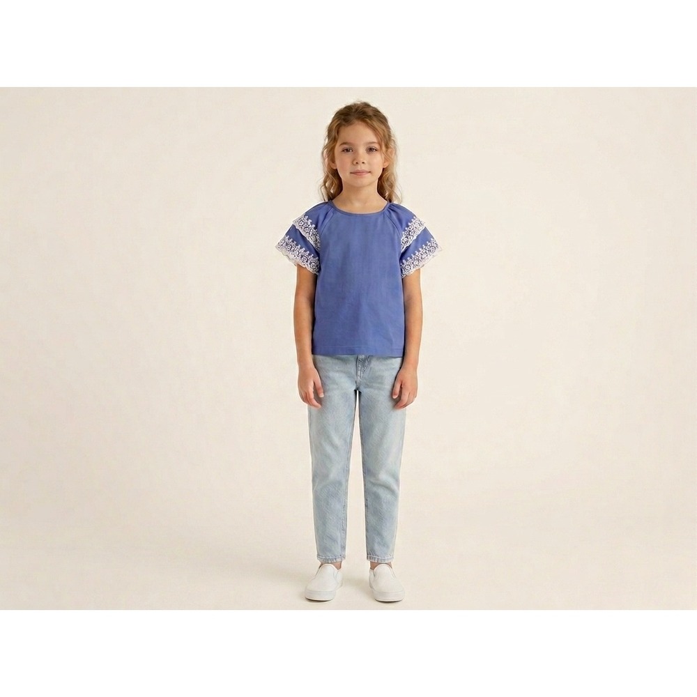 Unbranded Lace Trim Blouse Girls Size 6 Blue Excellent Tiered Sleeve Boho Top